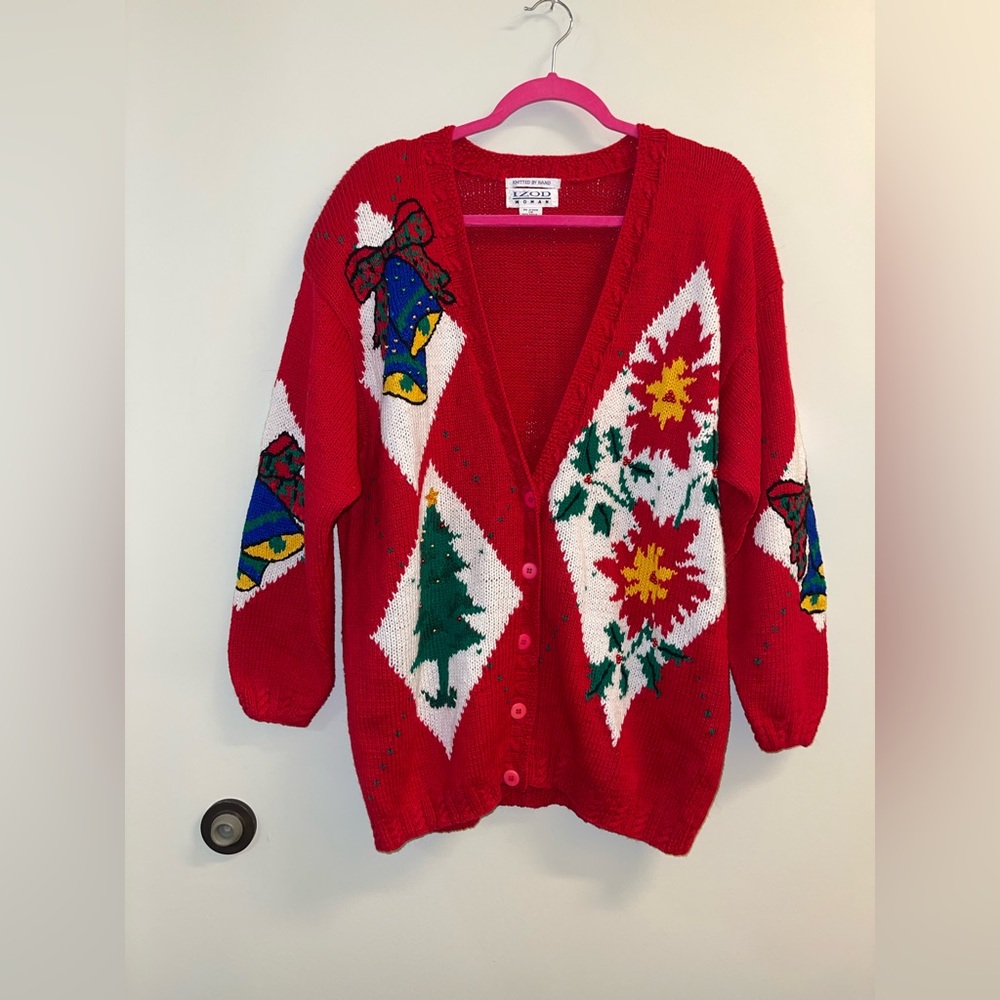 Izod Red Holiday Cardigan with Festive Designs